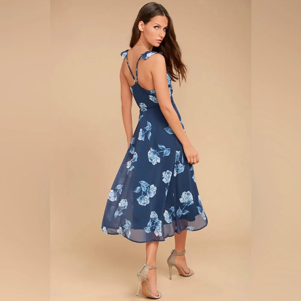 Lulus One Desire Navy Blue Floral Print Wrap Tank Maxi Dress - Picture 8 of 10